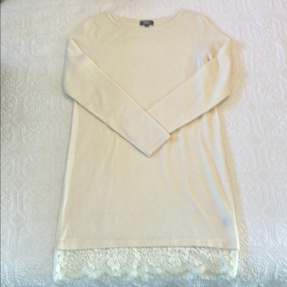 Cream Long Sleeve Dress with Lace Hem